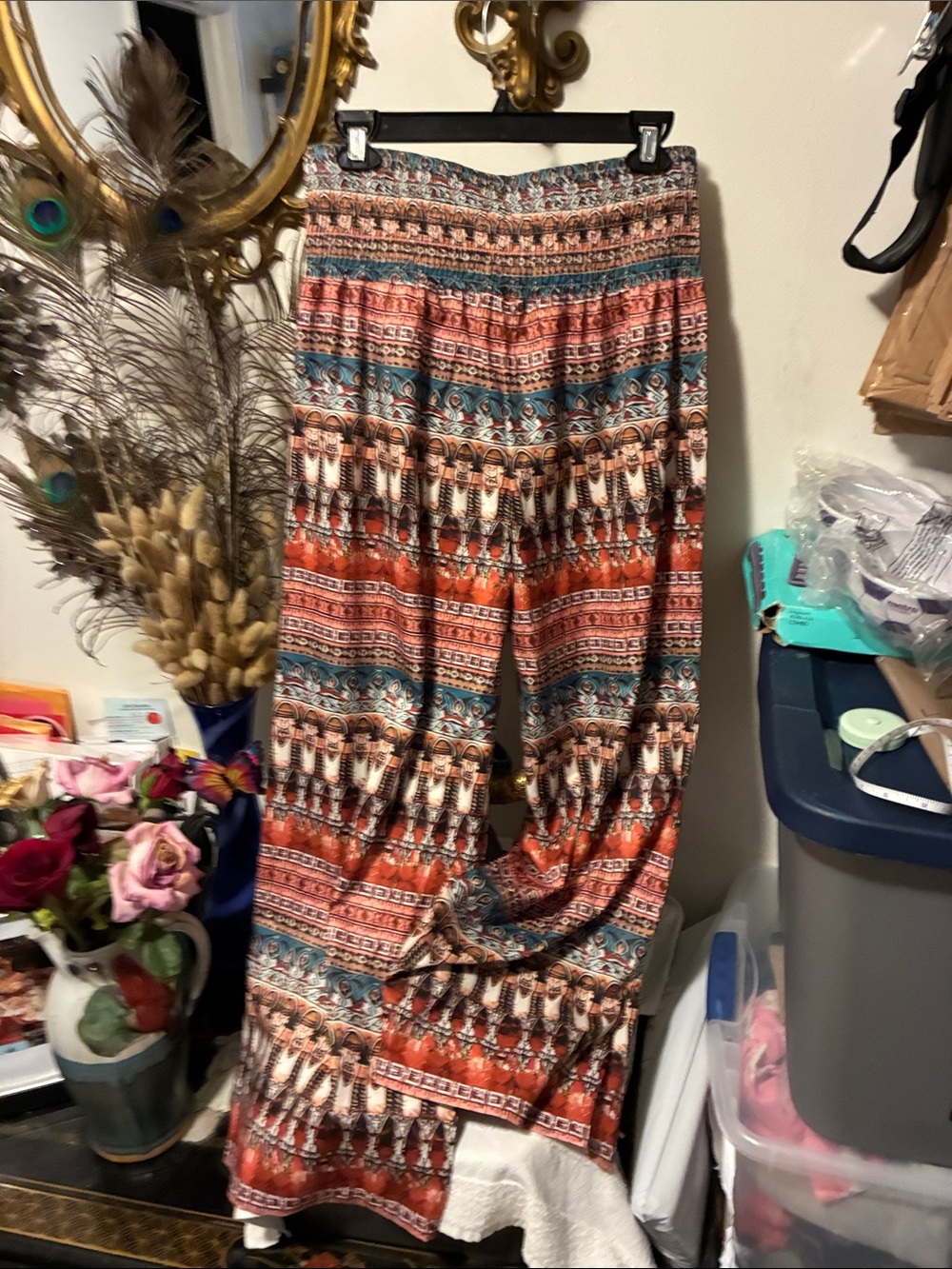 Boho Wide-Leg Printed Women's Pants in Rust & Teal New without tag - Picture 4 of 6